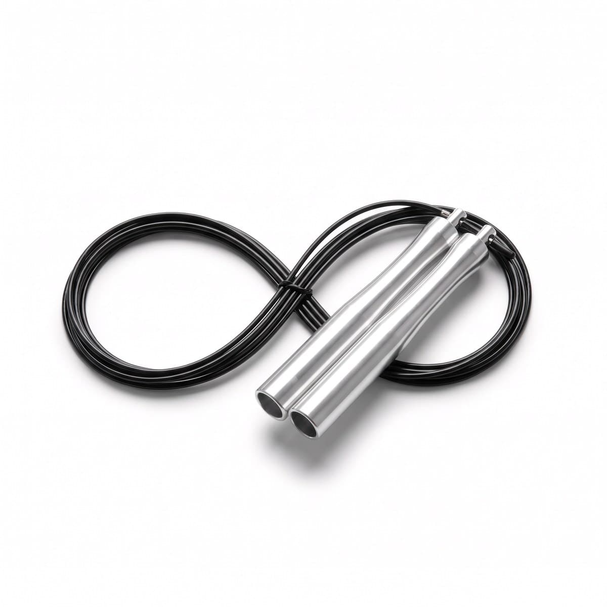 A jump rope with silver aluminium handles and a thin black steel cable coiled beside them