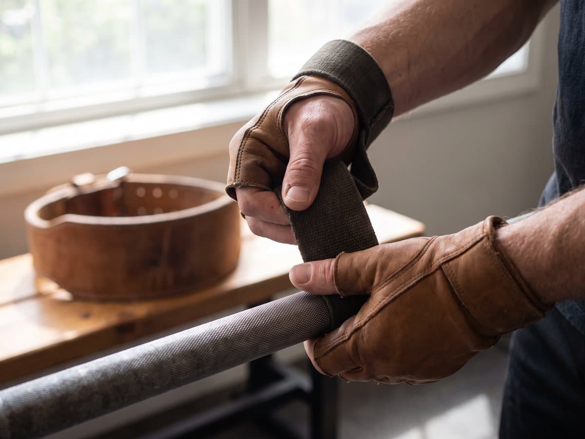 A close view of hands in lifting gloves wrapping a wrist strap around a bar, a lifting belt on a bench